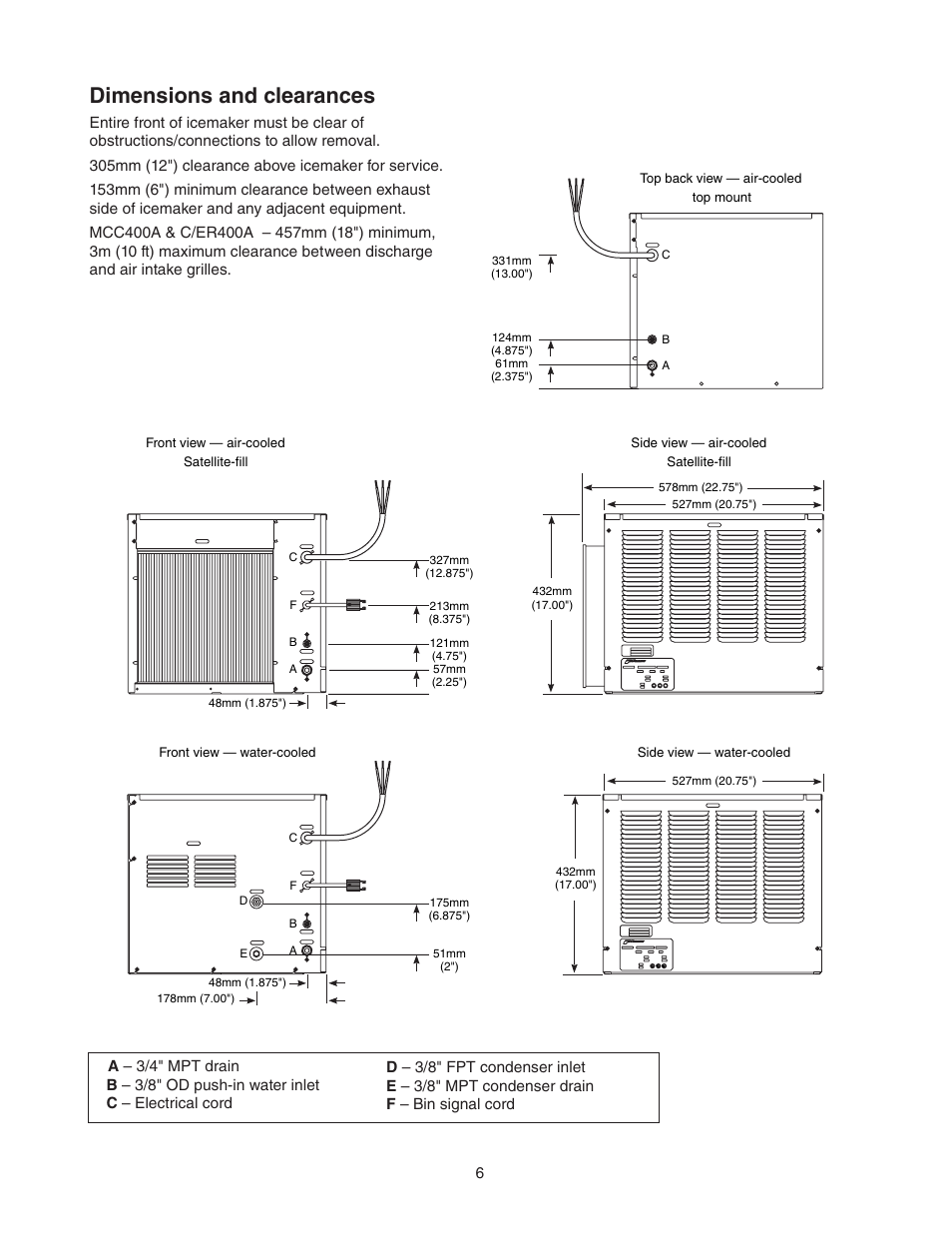 Dimensions and clearances | Follett MCC400A/W User Manual | Page 6 / 40