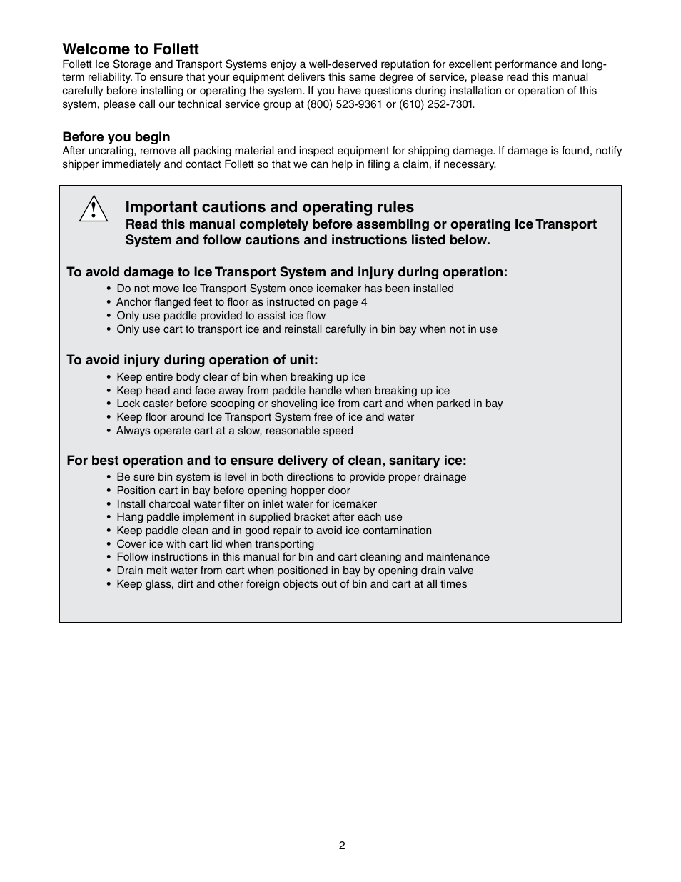 Welcome to follett, Important cautions and operating rules | Follett E-ITS3250-90 User Manual | Page 2 / 42