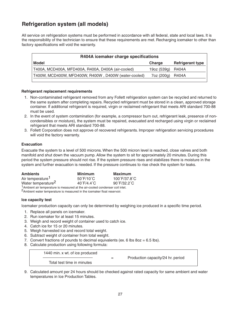 Refrigeration system (all models) | Follett T400A/W User Manual | Page 27 / 40