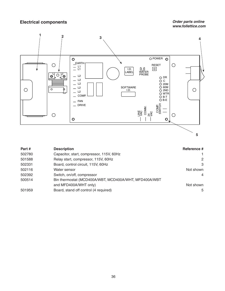 Electrical components | Follett T400A/W User Manual | Page 36 / 40