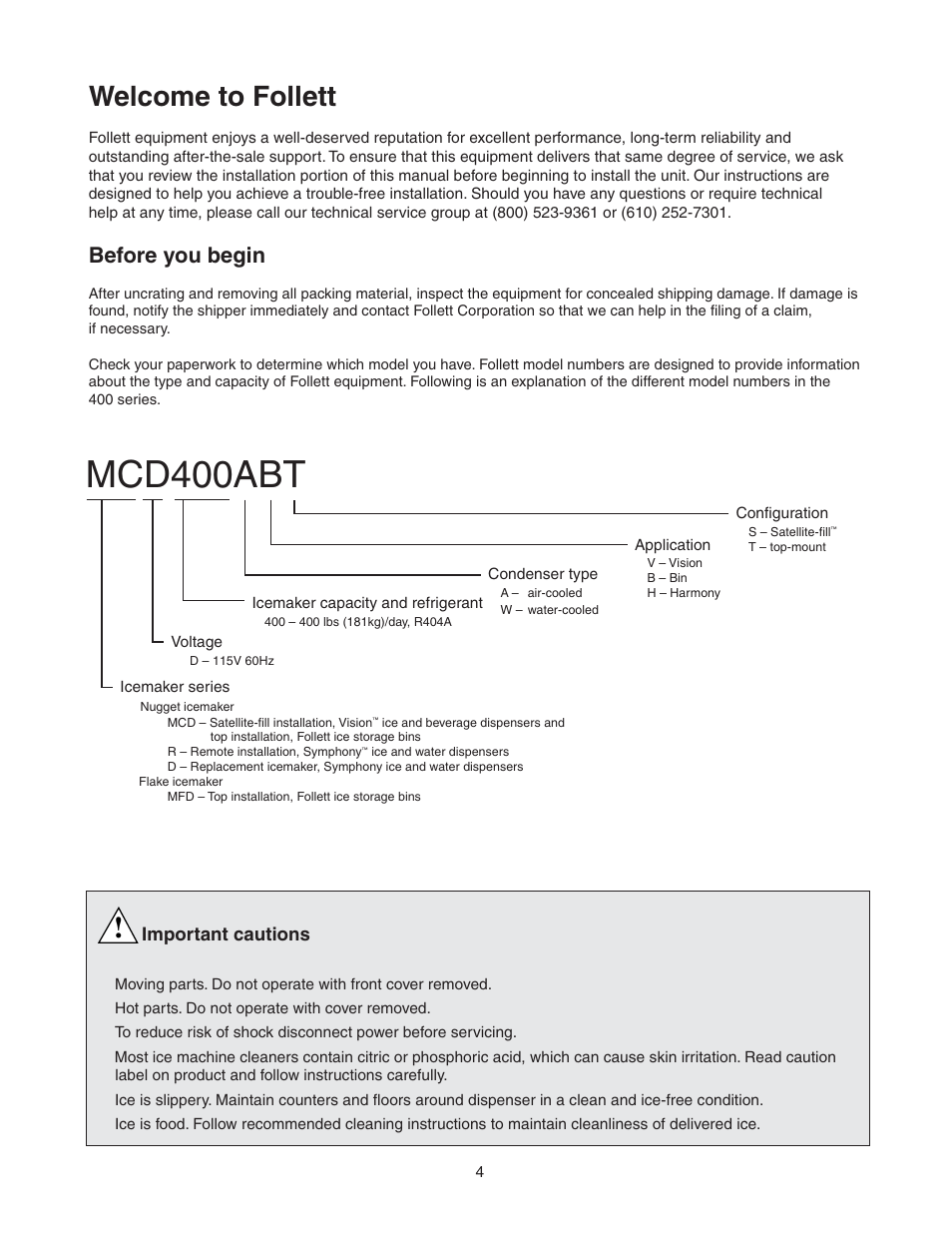 Mcd400abt, Welcome to follett, Before you begin | Important cautions | Follett T400A/W User Manual | Page 4 / 40