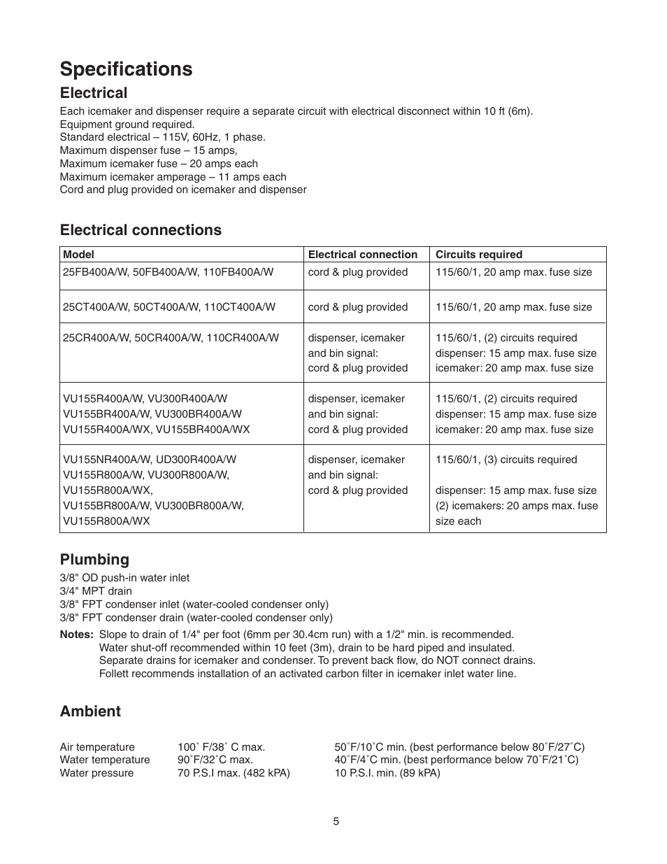 Specifications, Electrical, Electrical connections plumbing | Ambient | Follett T400A/W User Manual | Page 5 / 40