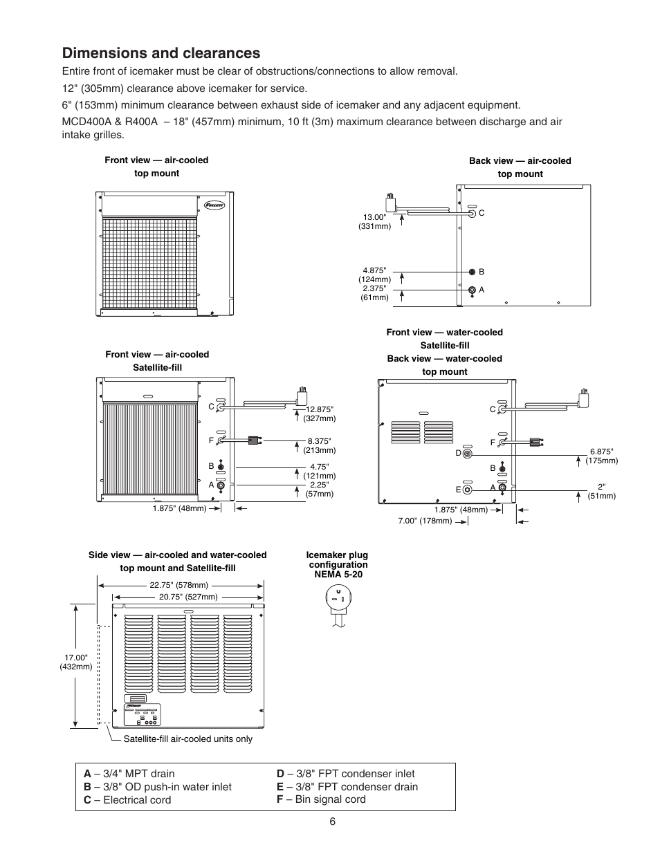 Dimensions and clearances | Follett T400A/W User Manual | Page 6 / 40