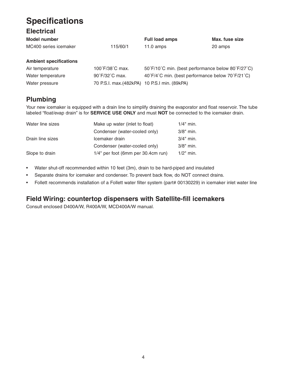 Specifications, Electrical, Plumbing | Follett 400 Series User Manual | Page 4 / 20