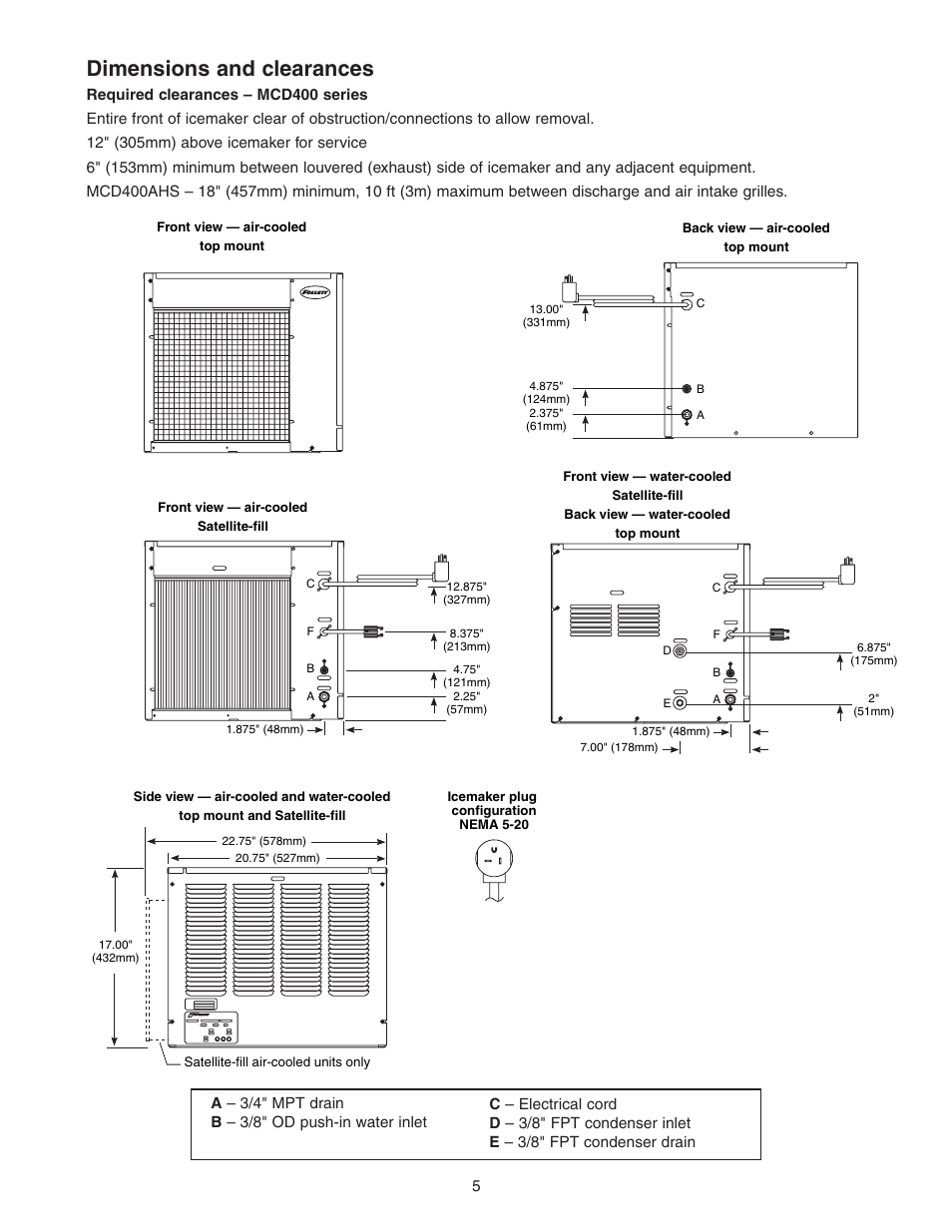 Dimensions and clearances | Follett 400 Series User Manual | Page 5 / 20