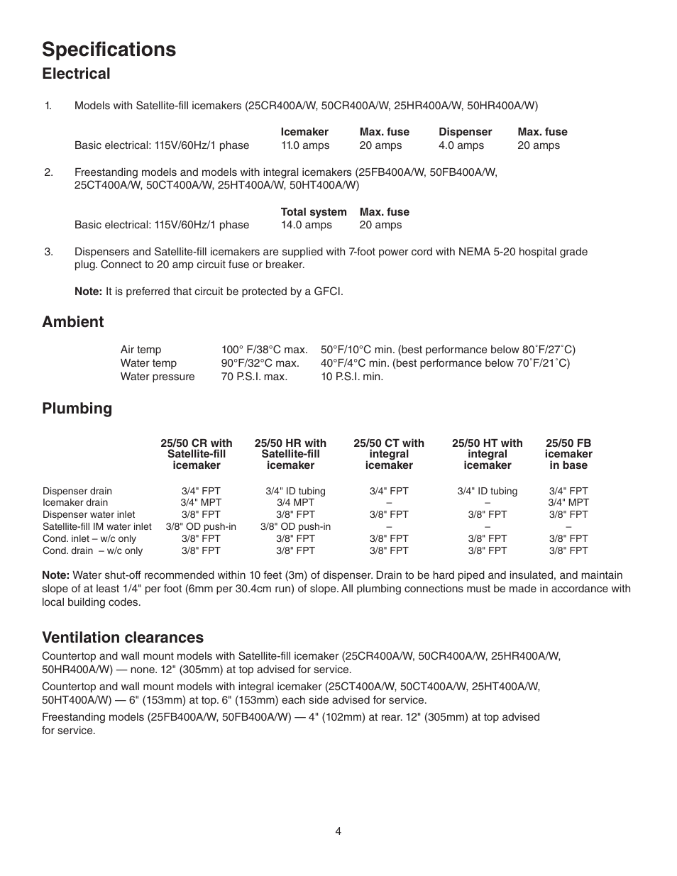 Specifications, Electrical, Ambient | Plumbing, Ventilation clearances | Follett 25 User Manual | Page 4 / 32