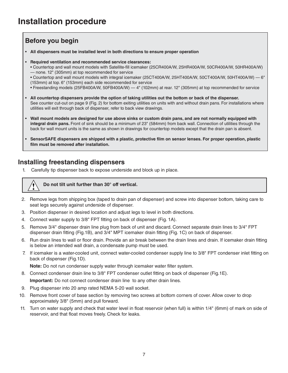 Installation procedure, Installing freestanding dispensers, Before you begin | Follett 25 User Manual | Page 7 / 32