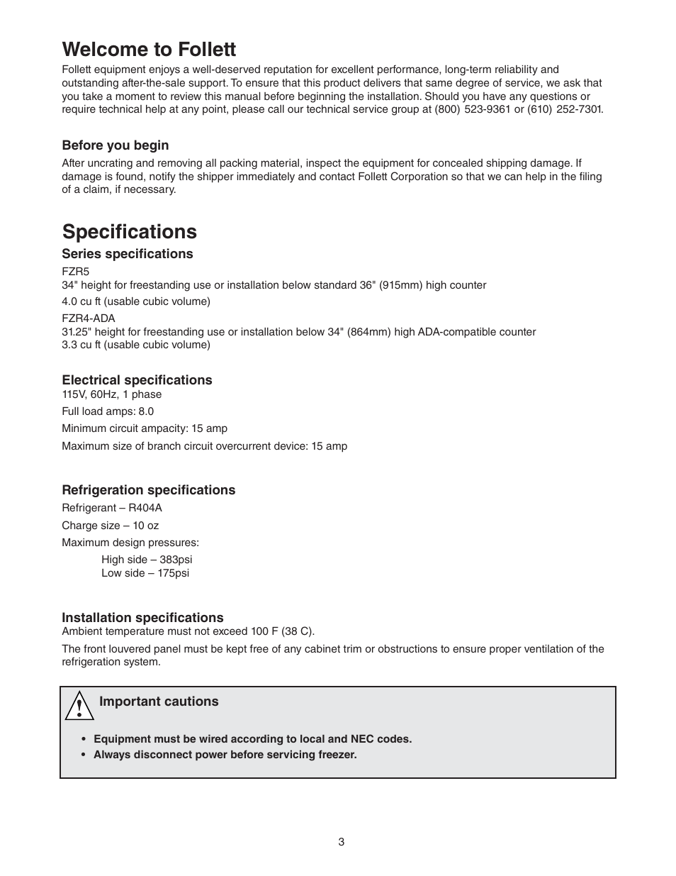 Welcome to follett, Specifi cations | Follett FZR Series User Manual | Page 3 / 20