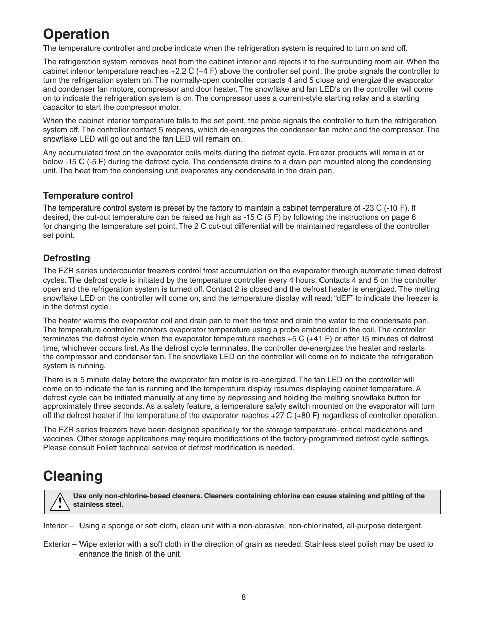 Operation, Cleaning | Follett FZR Series User Manual | Page 8 / 20