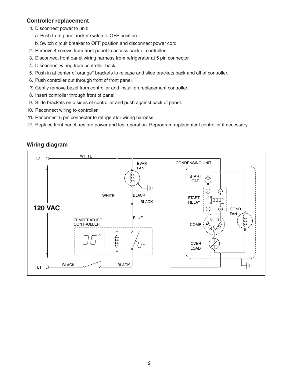 120 vac, Controller replacement, Wiring diagram | Follett REF Series User Manual | Page 12 / 20