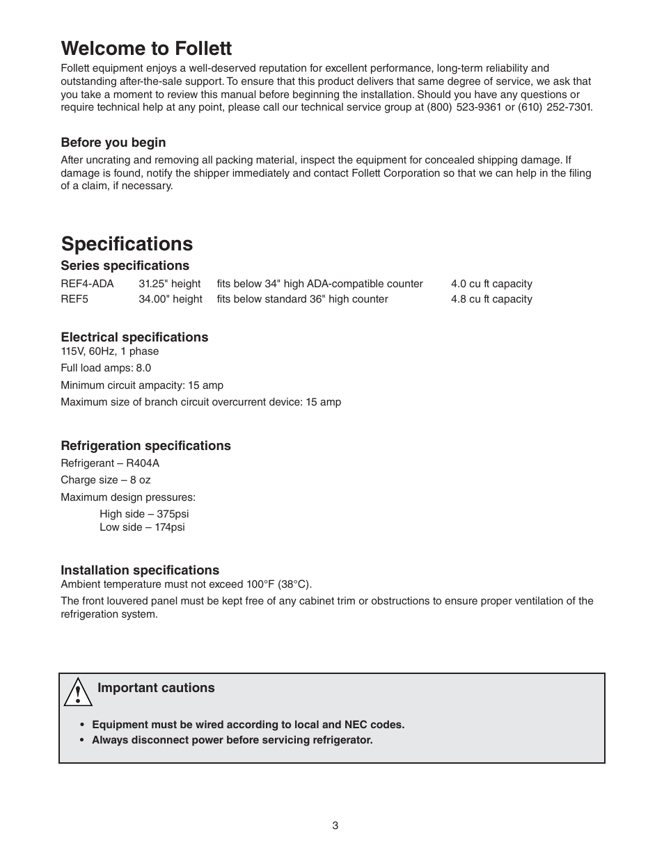 Welcome to follett, Specifications | Follett REF Series User Manual | Page 3 / 20