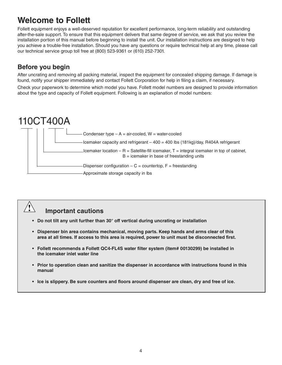 Welcome to follett, Before you begin, Important cautions | Follett 110CT400A/W User Manual | Page 4 / 32