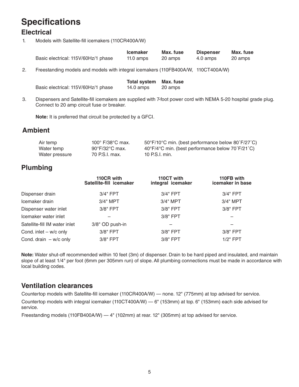Specifications, Electrical, Ambient | Plumbing, Ventilation clearances | Follett 110CT400A/W User Manual | Page 5 / 32