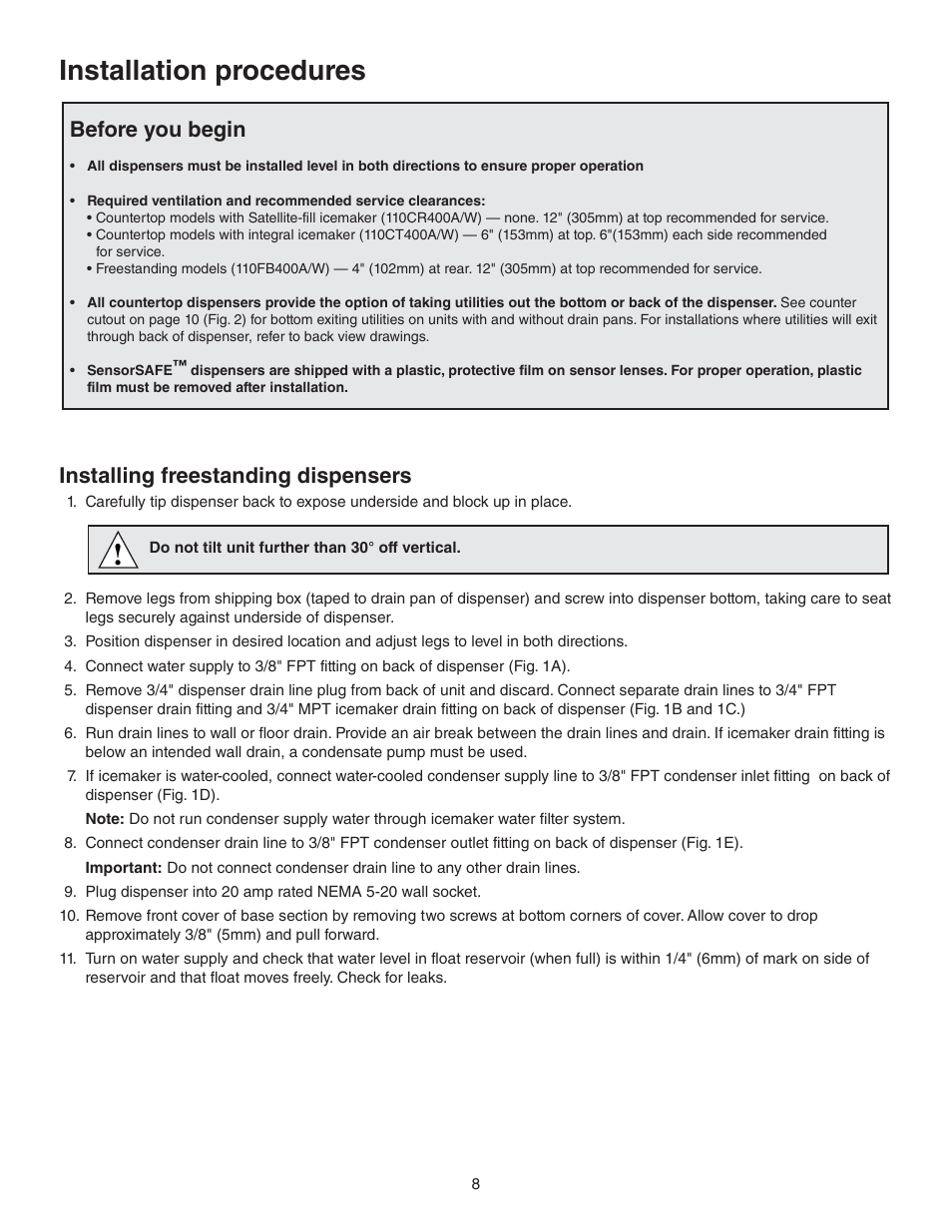 Installation procedures, Installing freestanding dispensers, Before you begin | Follett 110CT400A/W User Manual | Page 8 / 32