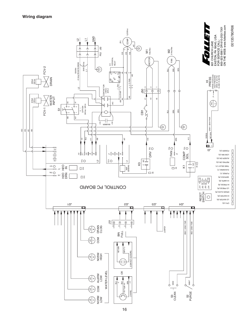 Horizon 1400 series self-contained icemaker, Control pc board, Wiring diagram | Follett HCE1400W User Manual | Page 16 / 40