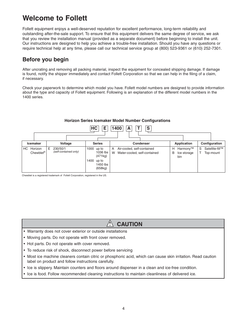 Welcome to follett, Before you begin, Caution | Follett HCE1400W User Manual | Page 4 / 40