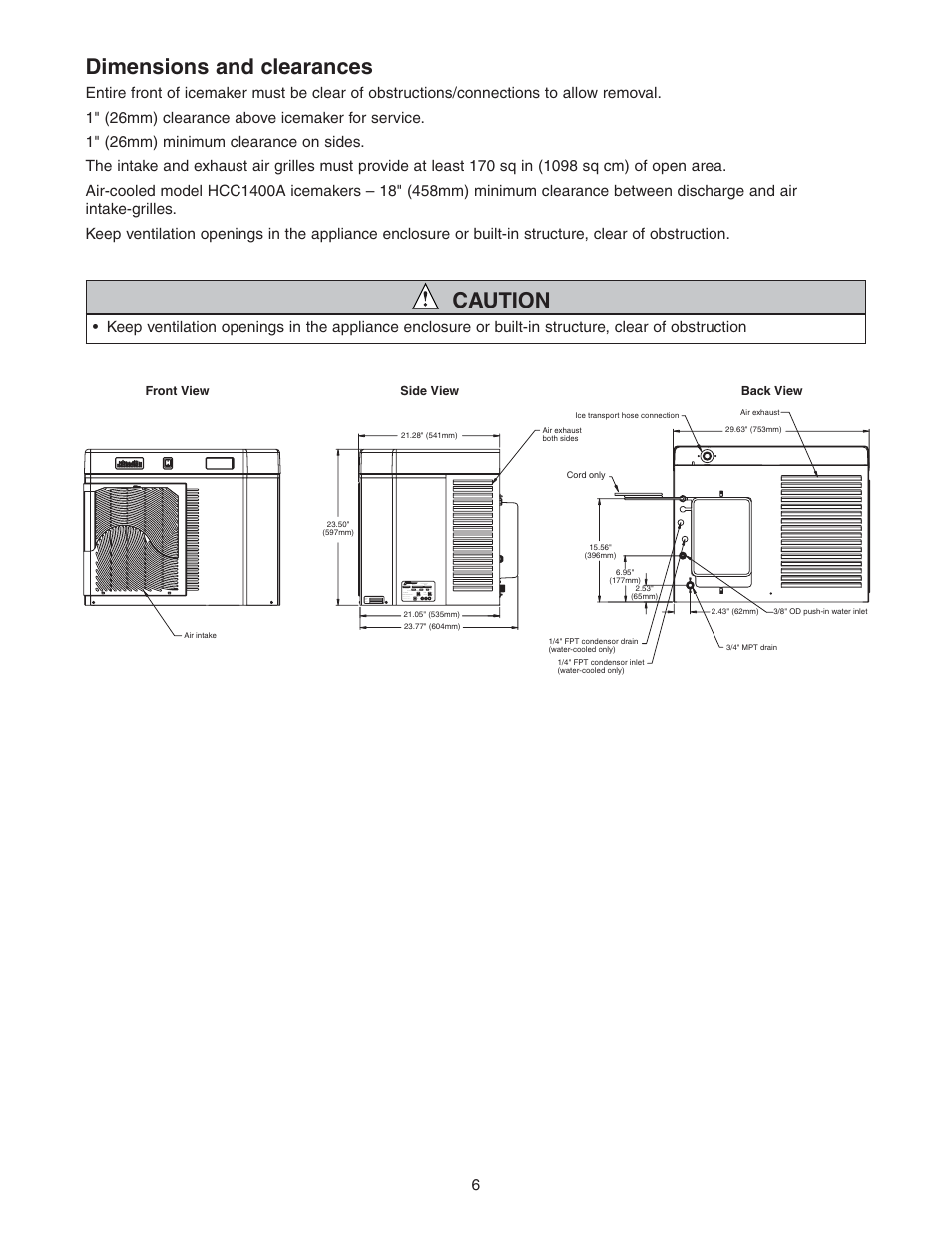 Dimensions and clearances, Caution | Follett HCE1400W User Manual | Page 6 / 40