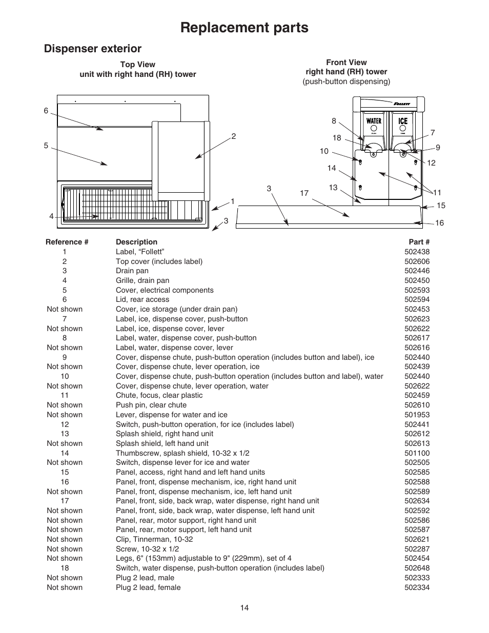 Replacement parts, Dispenser exterior | Follett VU155N Series User Manual | Page 14 / 20