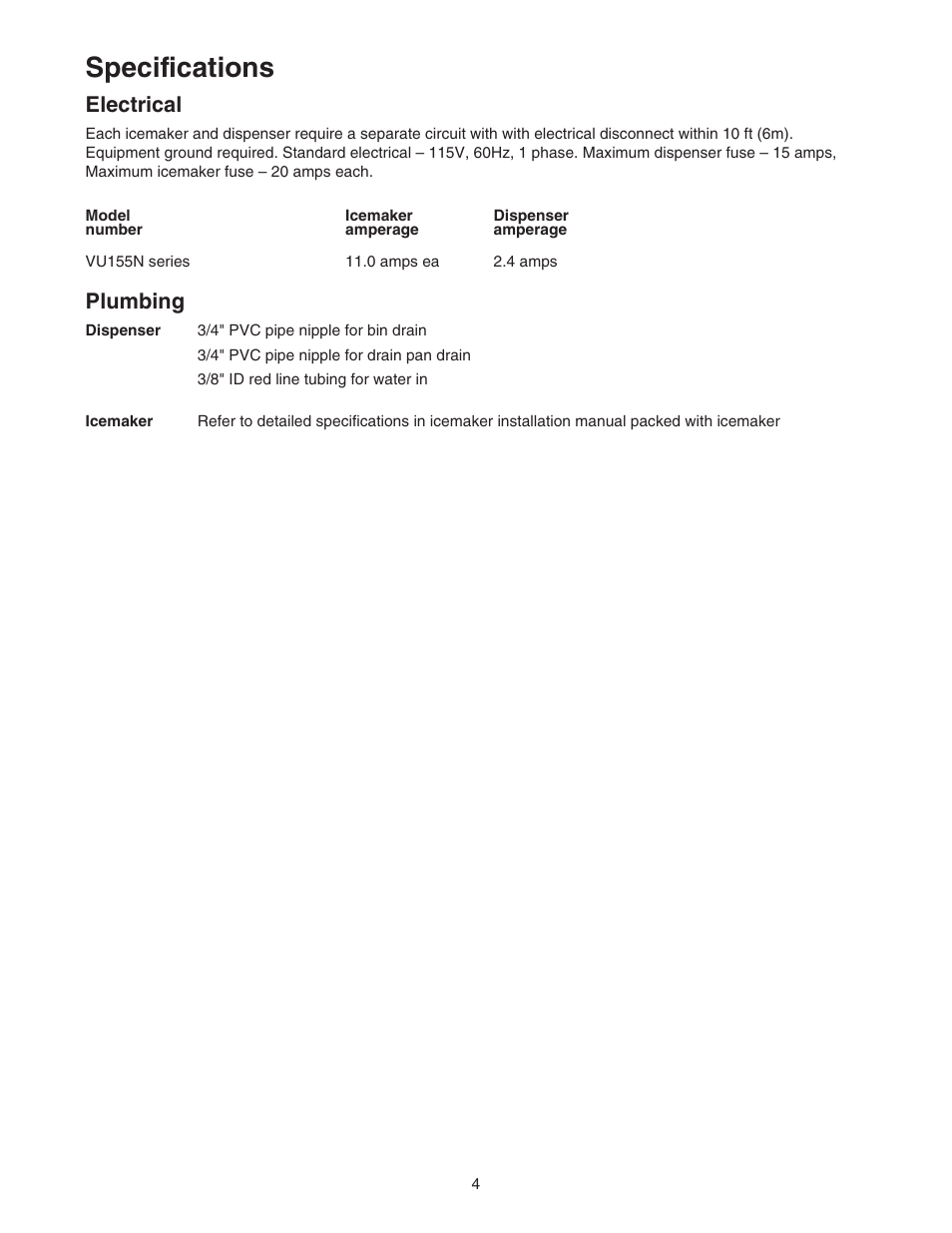 Specifications, Electrical, Plumbing | Follett VU155N Series User Manual | Page 4 / 20