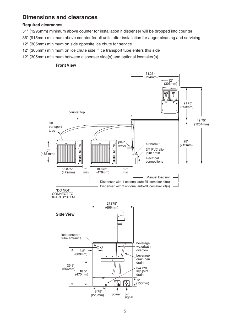 Dimensions and clearances | Follett VU155N Series User Manual | Page 5 / 20