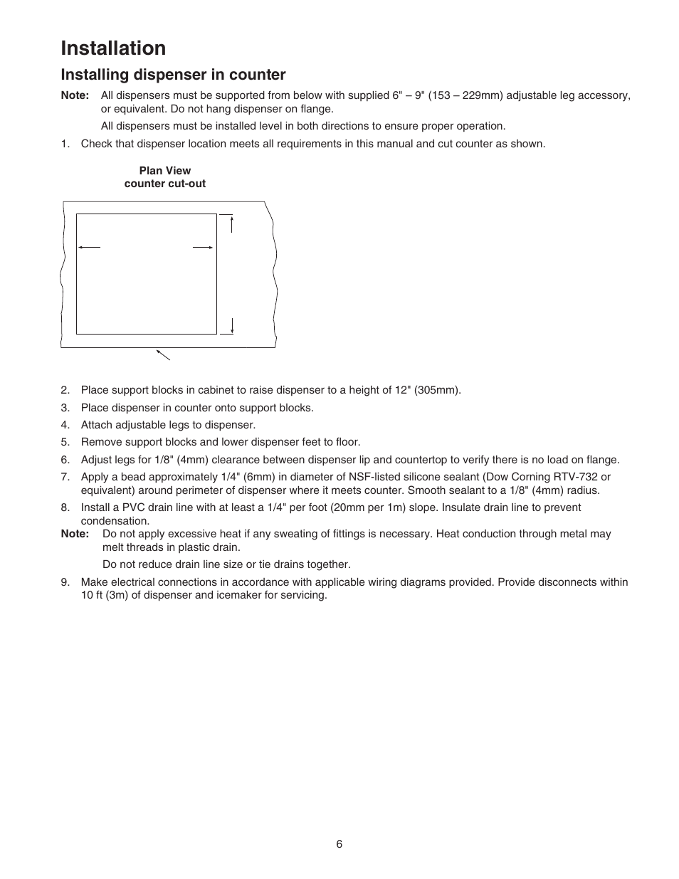 Installation, Installing dispenser in counter | Follett VU155N Series User Manual | Page 6 / 20