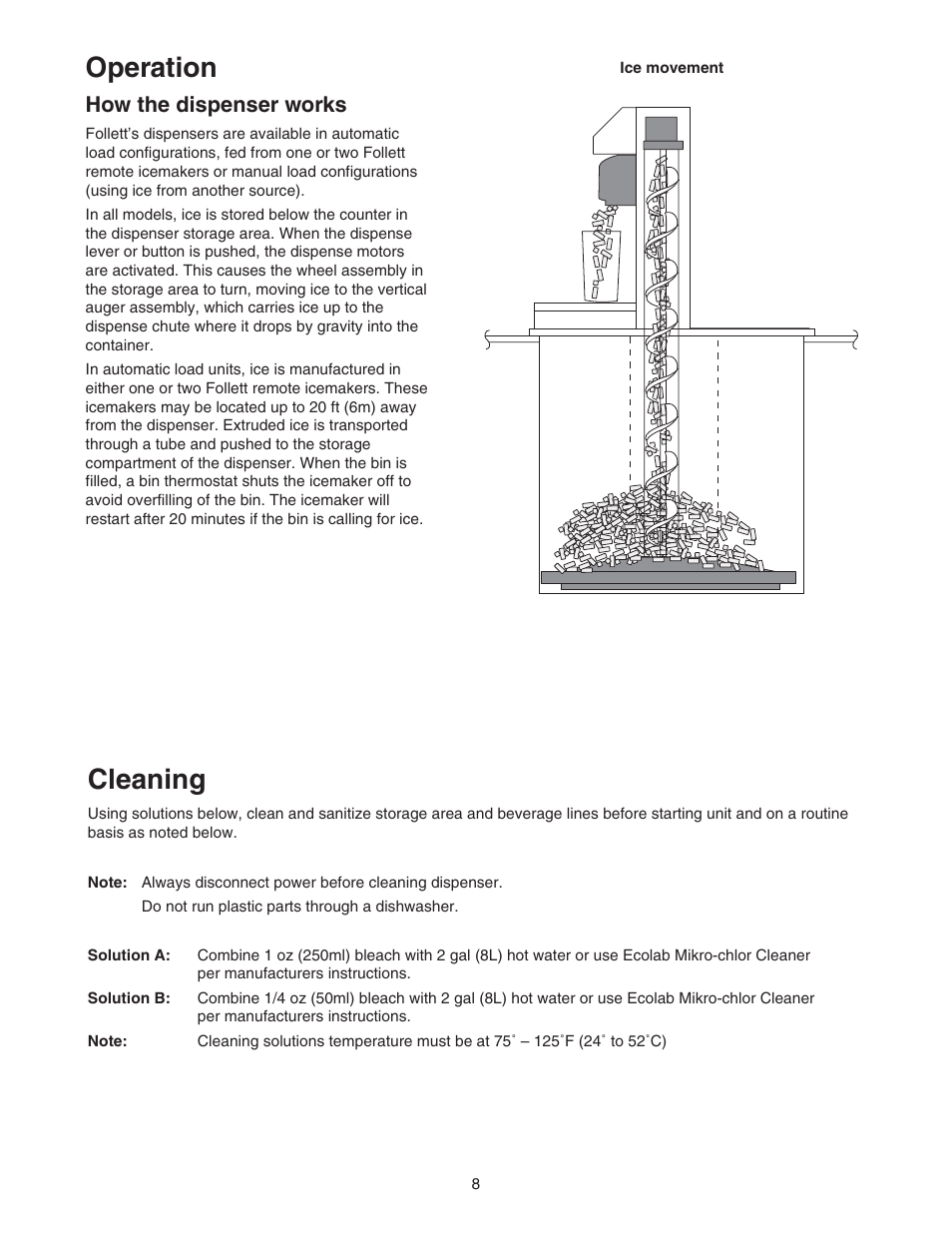 Operation, Cleaning, How the dispenser works | Follett VU155N Series User Manual | Page 8 / 20