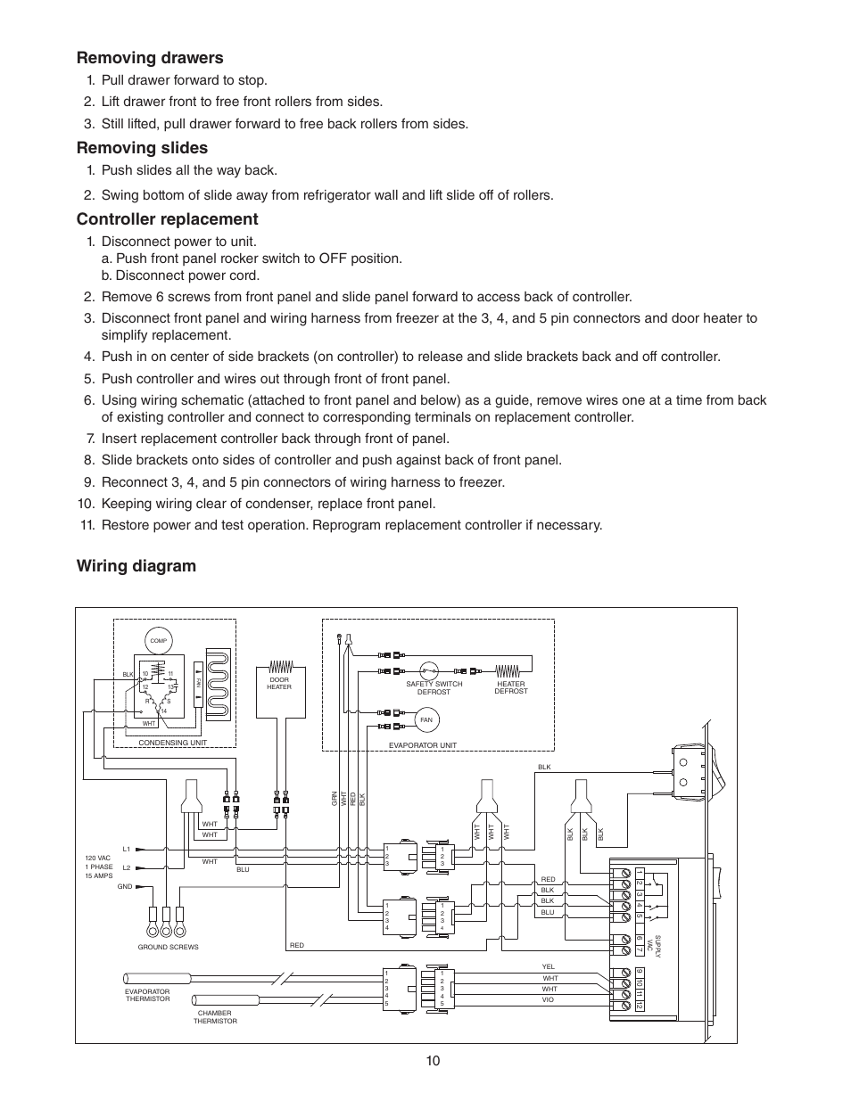 Removing drawers, Removing slides, Controller replacement | Wiring diagram | Follett C45184 User Manual | Page 10 / 16
