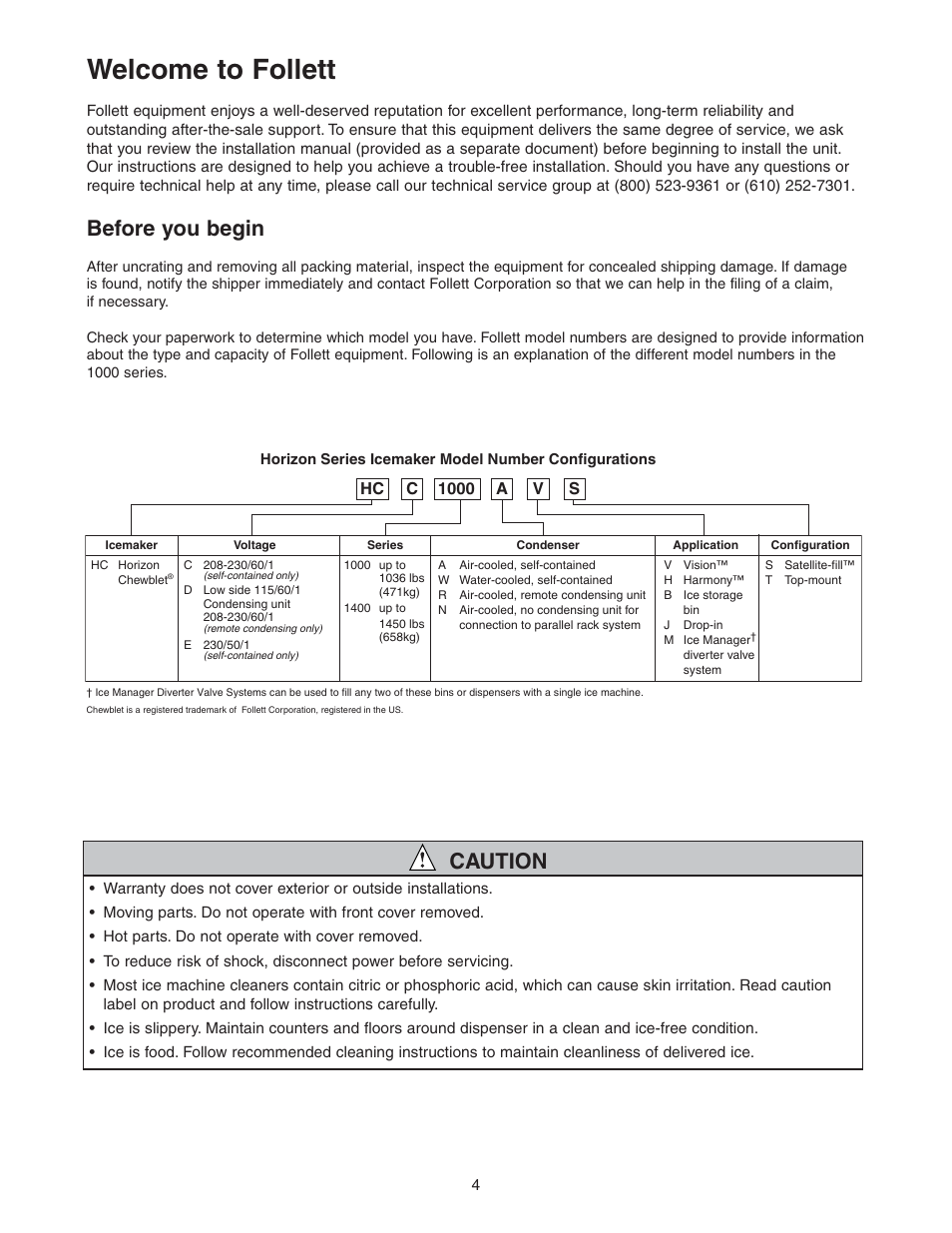 Welcome to follett, Before you begin, Caution | Follett HCC1000A User Manual | Page 4 / 40