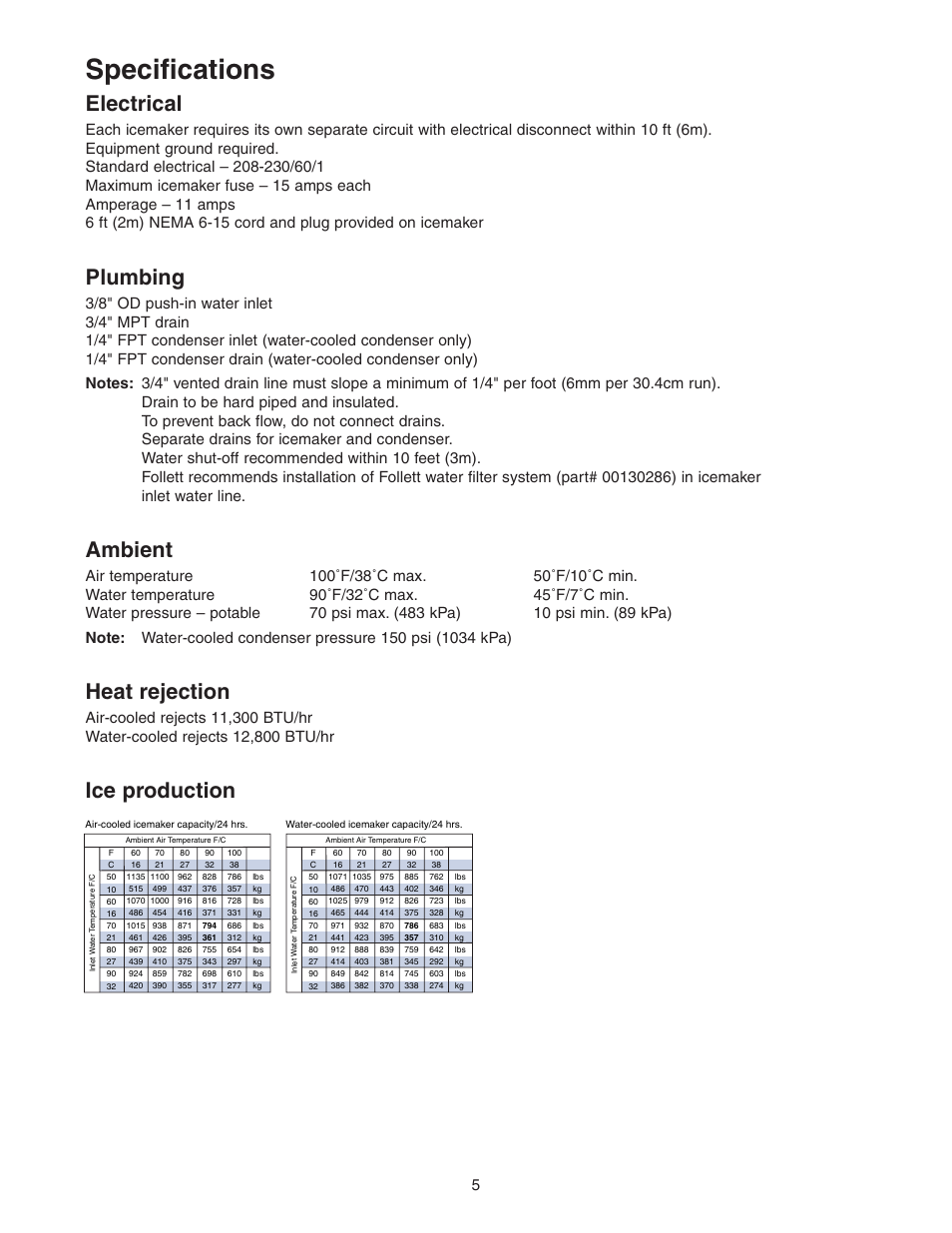 Specifications, Electrical, Plumbing | Ambient, Heat rejection, Ice production | Follett HCC1000A User Manual | Page 5 / 40