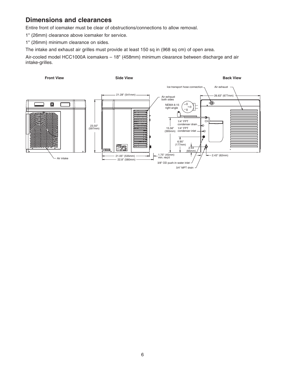 Dimensions and clearances | Follett HCC1000A User Manual | Page 6 / 40