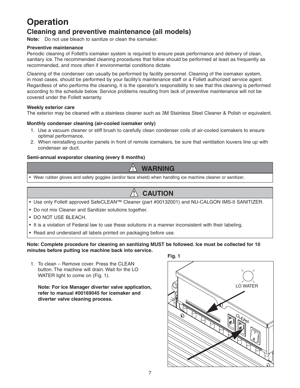 Operation, Cleaning and preventive maintenance (all models), Warning | Caution | Follett HCC1000A User Manual | Page 7 / 40