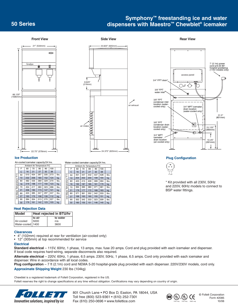 Symphony, Freestanding ice and water dispensers with maestro, Chewblet | Icemaker 50 series, Front view side view rear view, Ice production, Model, Heat rejected in btu/hr | Follett 50FB400A/W 115V User Manual | Page 2 / 2