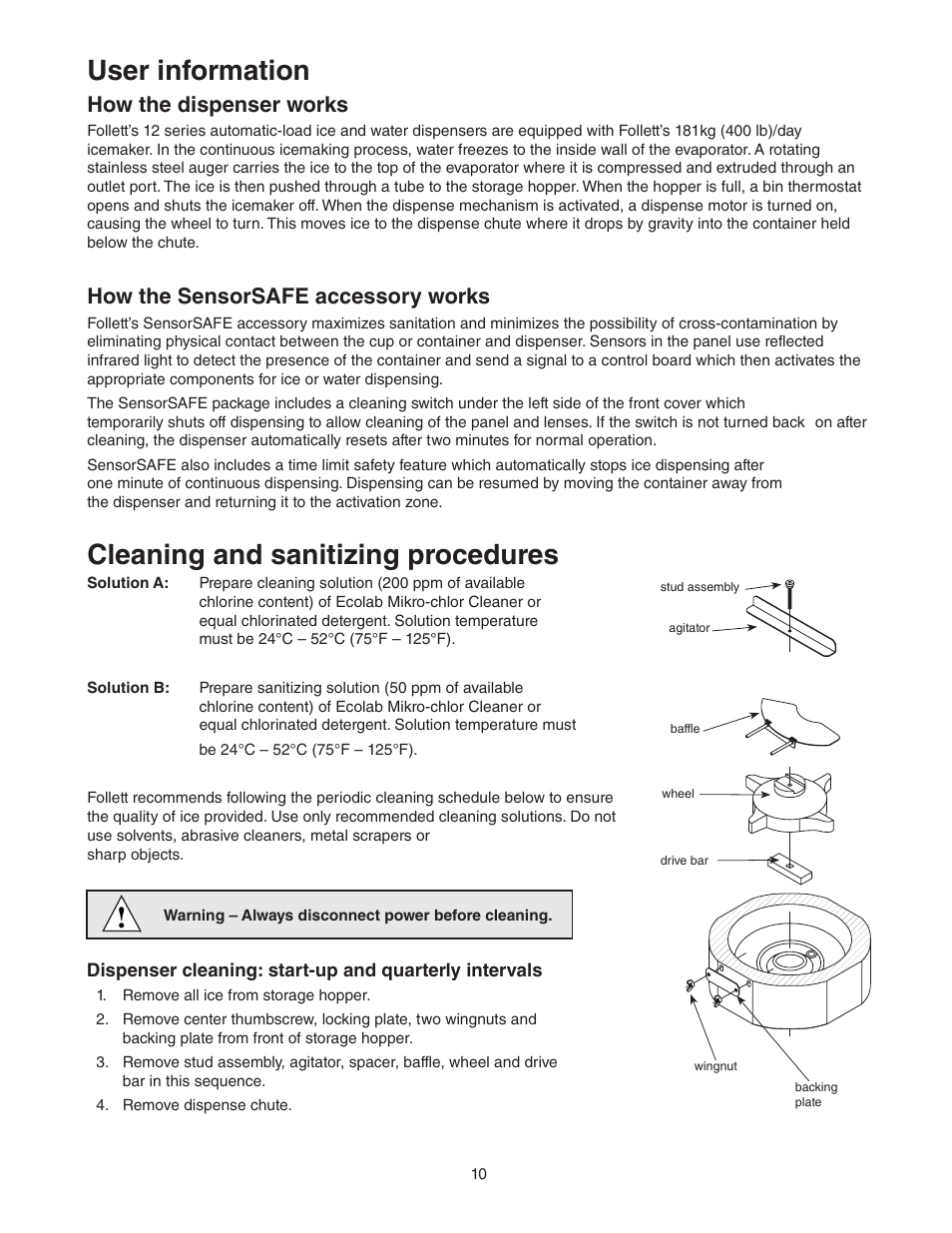 User information, Cleaning and sanitizing procedures, How the dispenser works | How the sensorsafe accessory works | Follett C/E12CI400A User Manual | Page 10 / 40