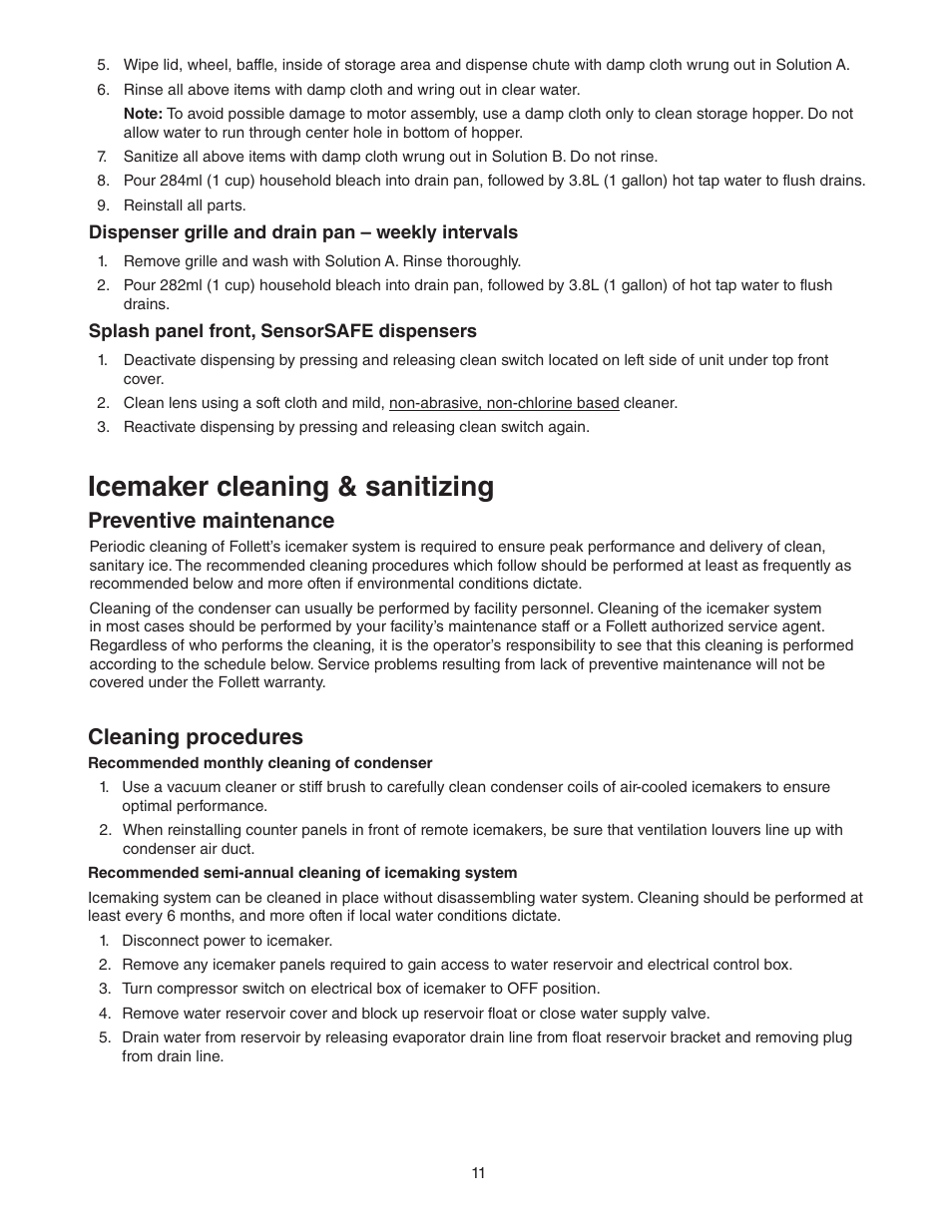 Icemaker cleaning & sanitizing, Preventive maintenance, Cleaning procedures | Follett C/E12CI400A User Manual | Page 11 / 40