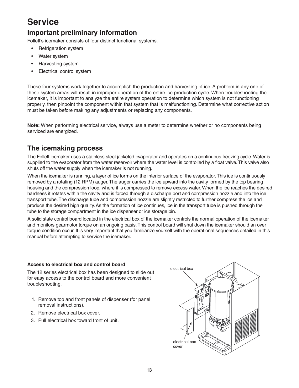 Service, Important preliminary information, The icemaking process | Follett C/E12CI400A User Manual | Page 13 / 40