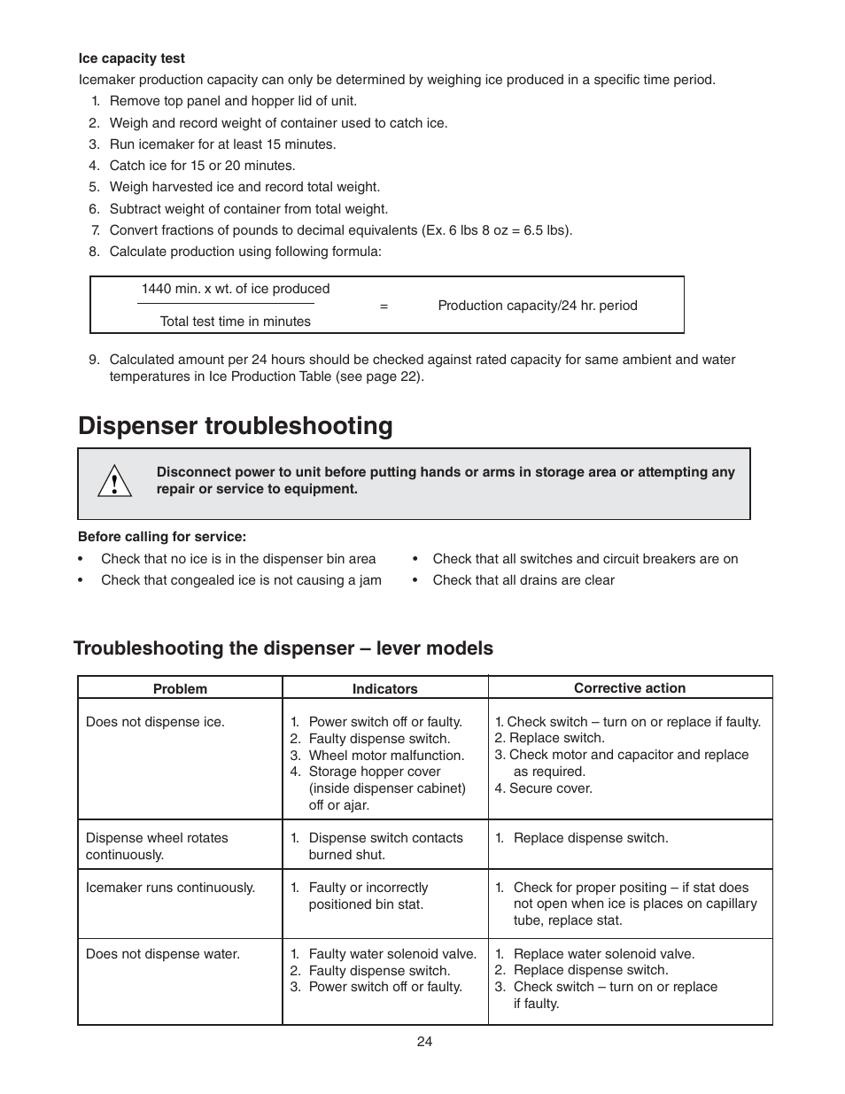 Dispenser troubleshooting, Troubleshooting the dispenser – lever models | Follett C/E12CI400A User Manual | Page 24 / 40