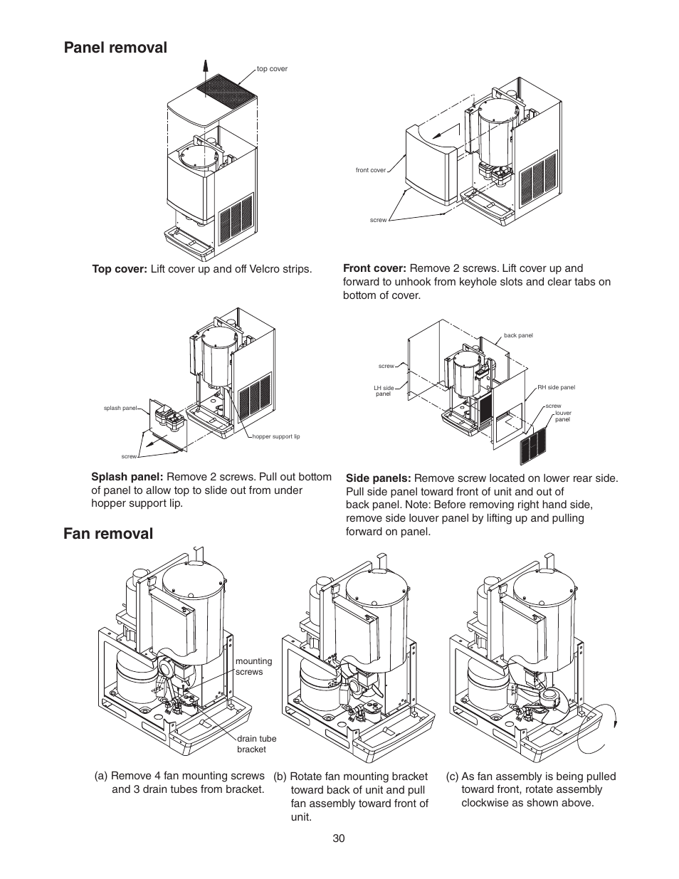 Panel removal, Fan removal | Follett C/E12CI400A User Manual | Page 30 / 40