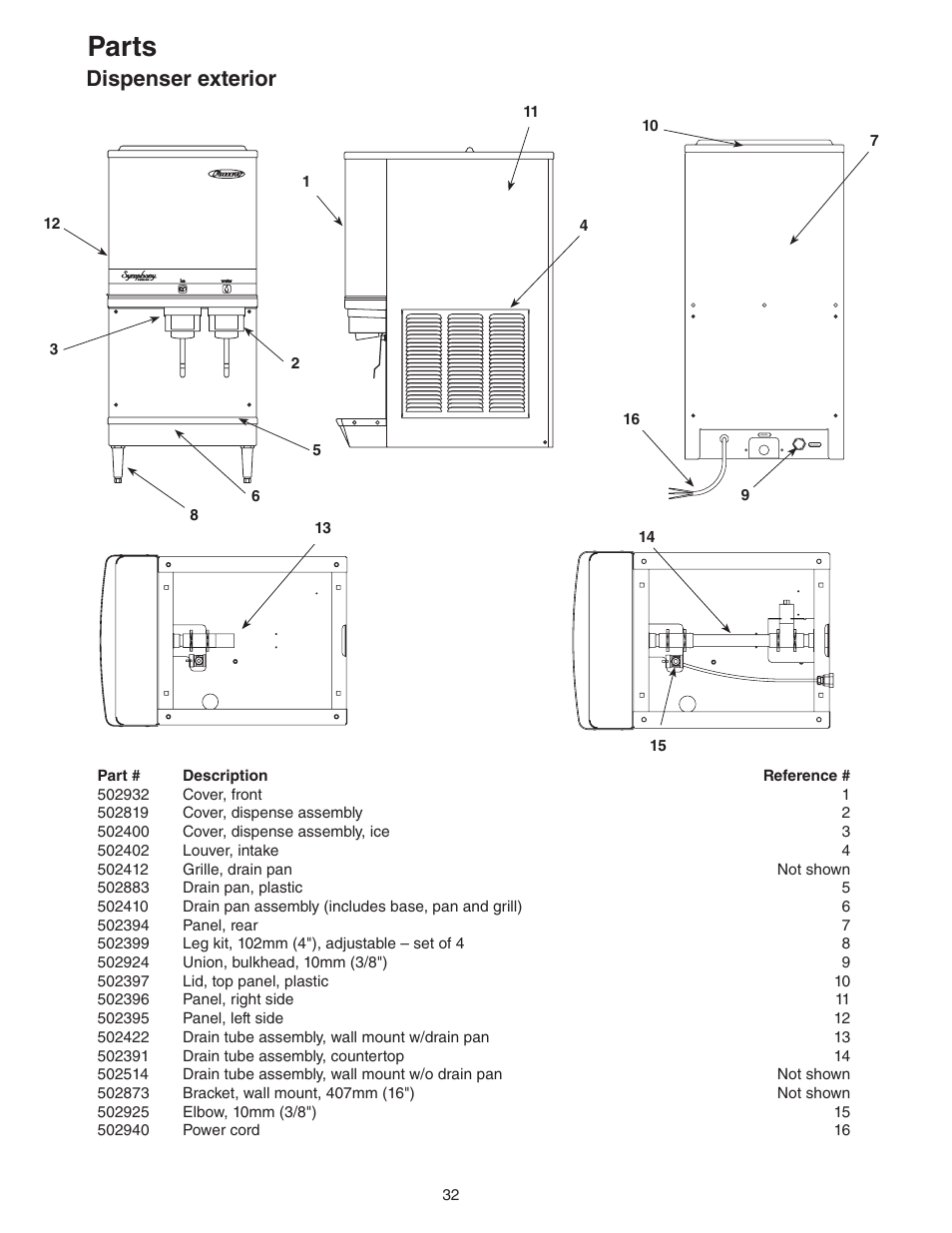 Parts, Dispenser exterior | Follett C/E12CI400A User Manual | Page 32 / 40