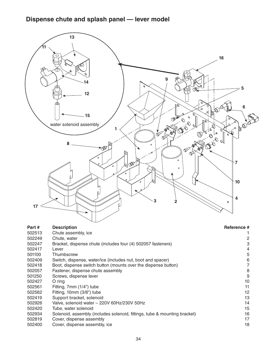 Dispense chute and splash panel — lever model | Follett C/E12CI400A User Manual | Page 34 / 40