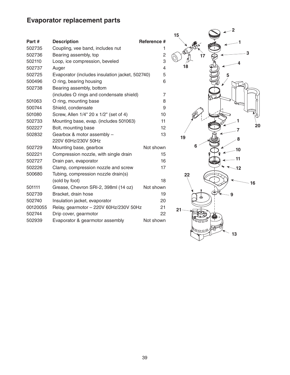 Evaporator replacement parts | Follett C/E12CI400A User Manual | Page 39 / 40