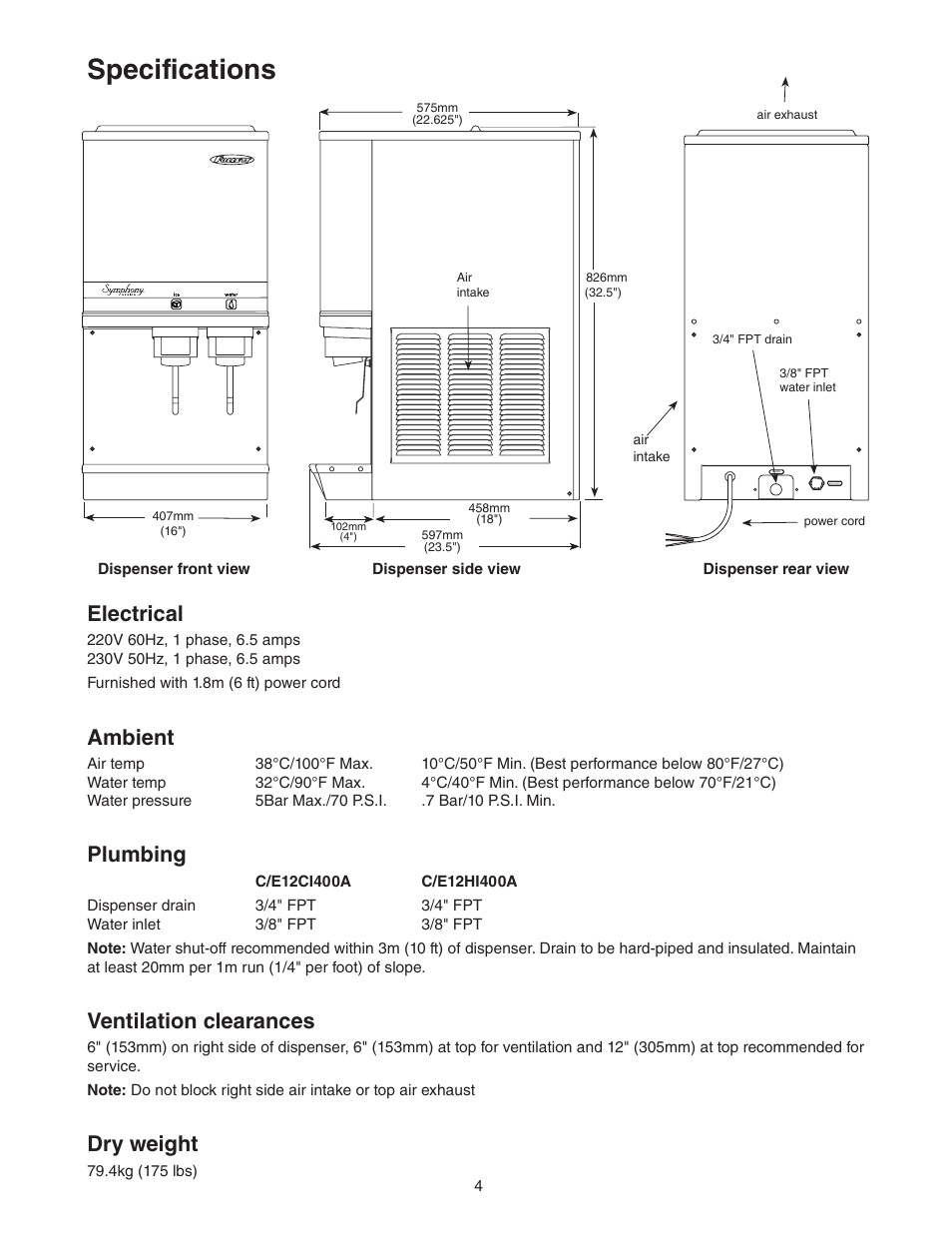 Specifications, Electrical, Ambient | Plumbing, Ventilation clearances, Dry weight | Follett C/E12CI400A User Manual | Page 4 / 40