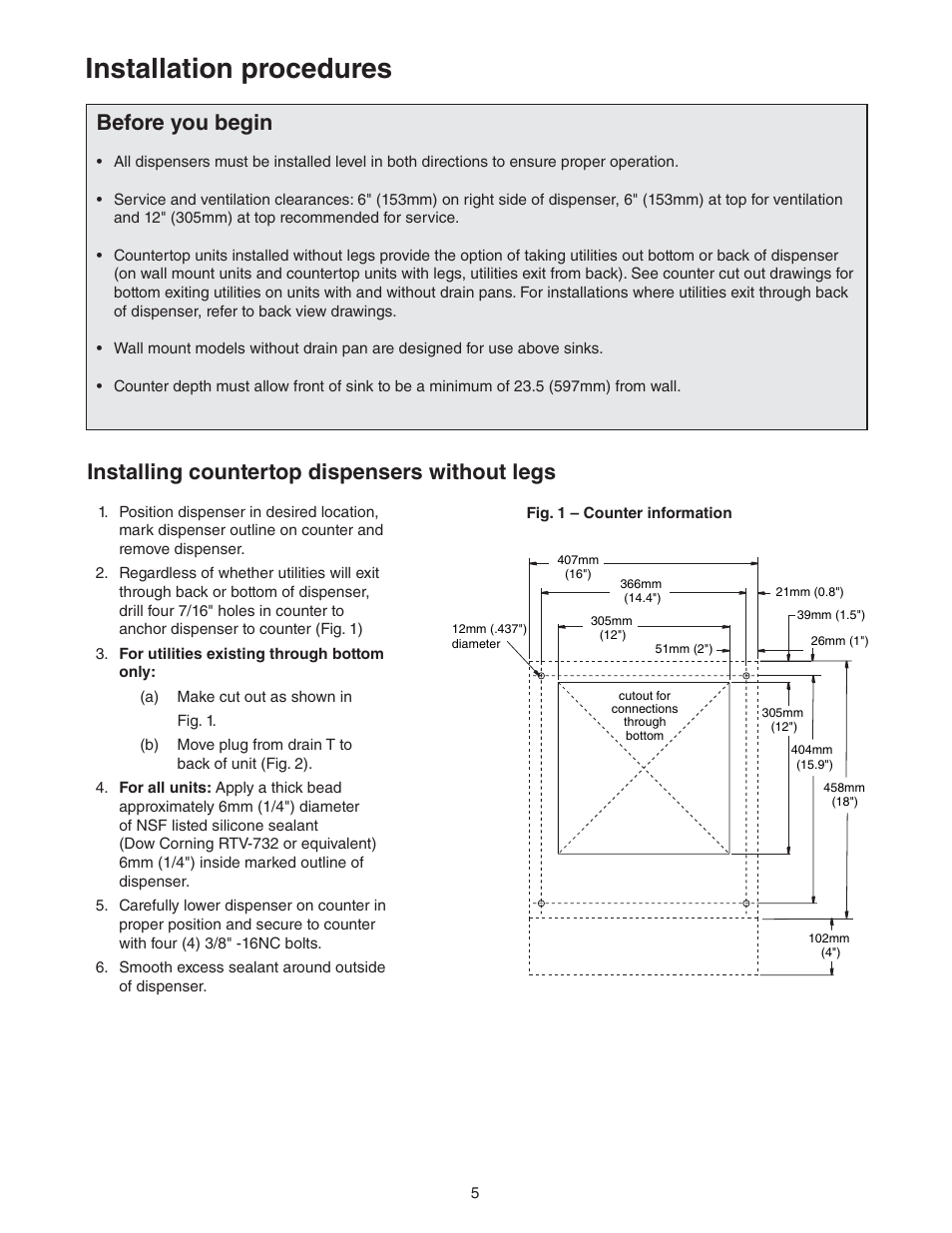 Installation procedures, Installing countertop dispensers without legs, Before you begin | Follett C/E12CI400A User Manual | Page 5 / 40