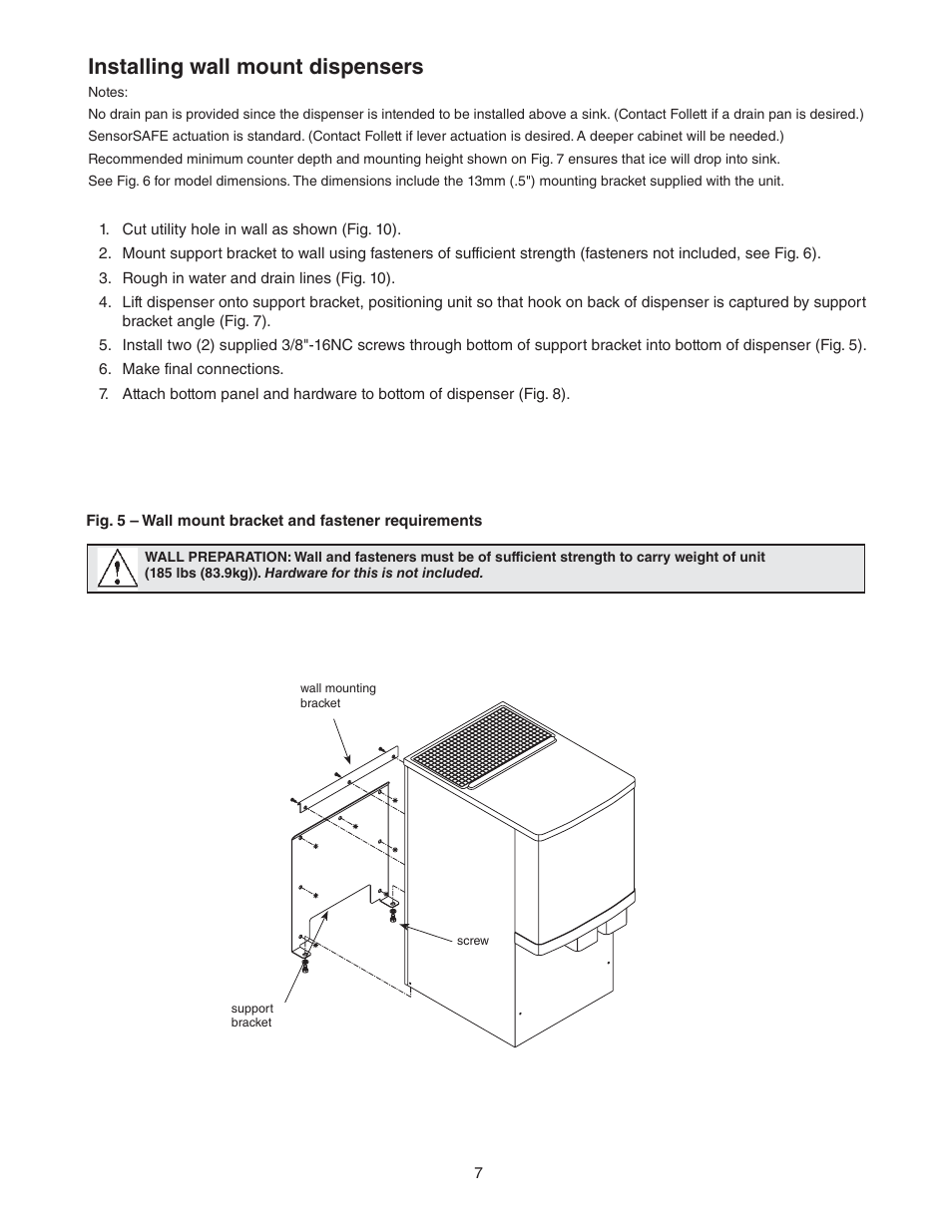 Installing wall mount dispensers | Follett C/E12CI400A User Manual | Page 7 / 40