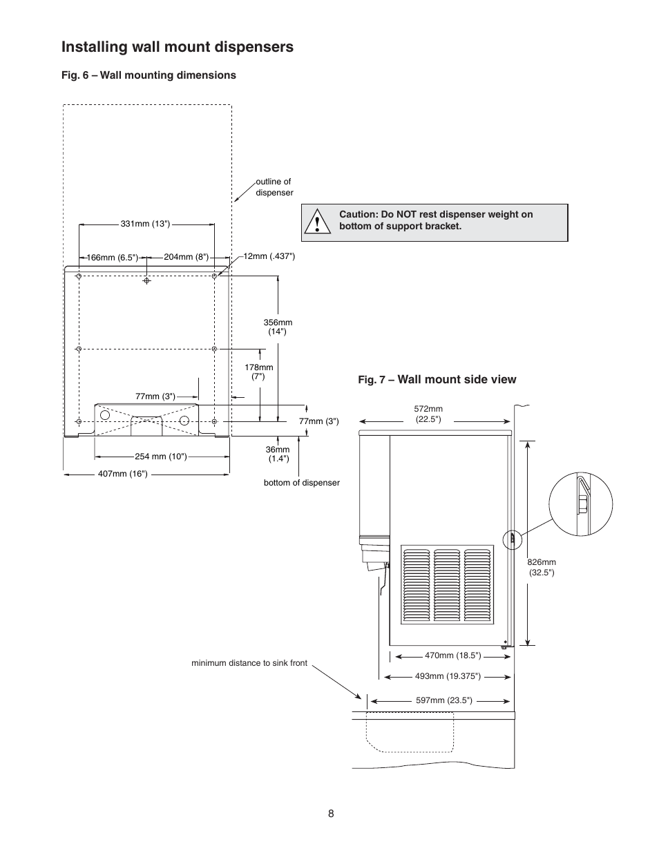 Installing wall mount dispensers, Wall mount side view | Follett C/E12CI400A User Manual | Page 8 / 40