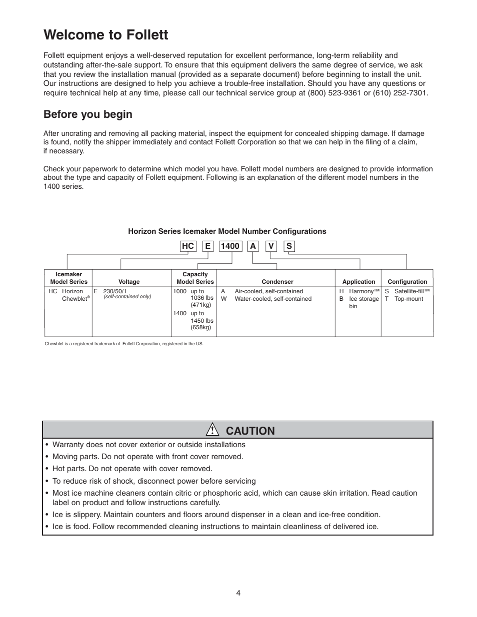 Welcome to follett, Before you begin, Caution | Follett HCE1400A User Manual | Page 4 / 40