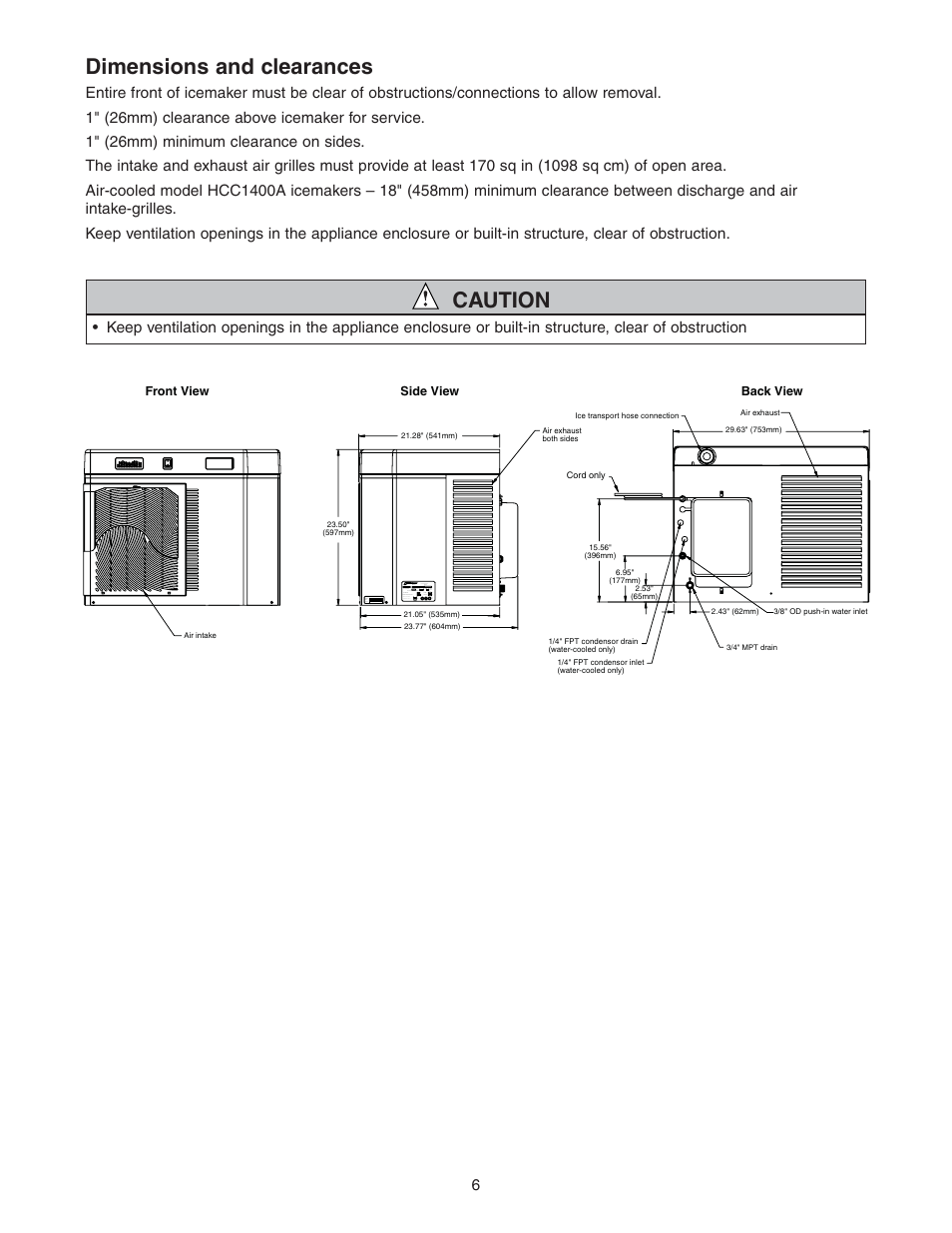 Dimensions and clearances, Caution | Follett HCE1400A User Manual | Page 6 / 40