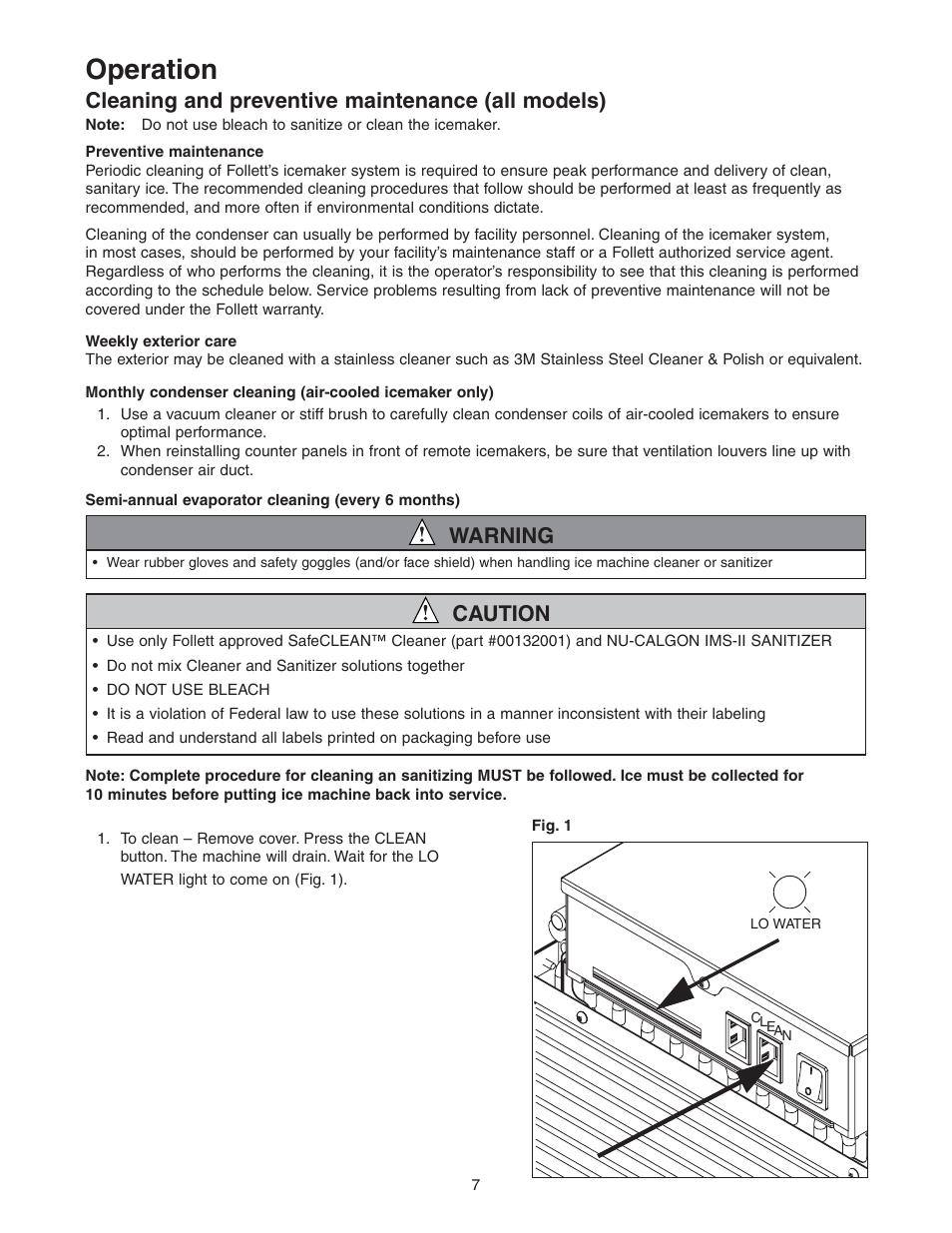 Operation, Cleaning and preventive maintenance (all models), Warning | Caution | Follett HCE1400A User Manual | Page 7 / 40