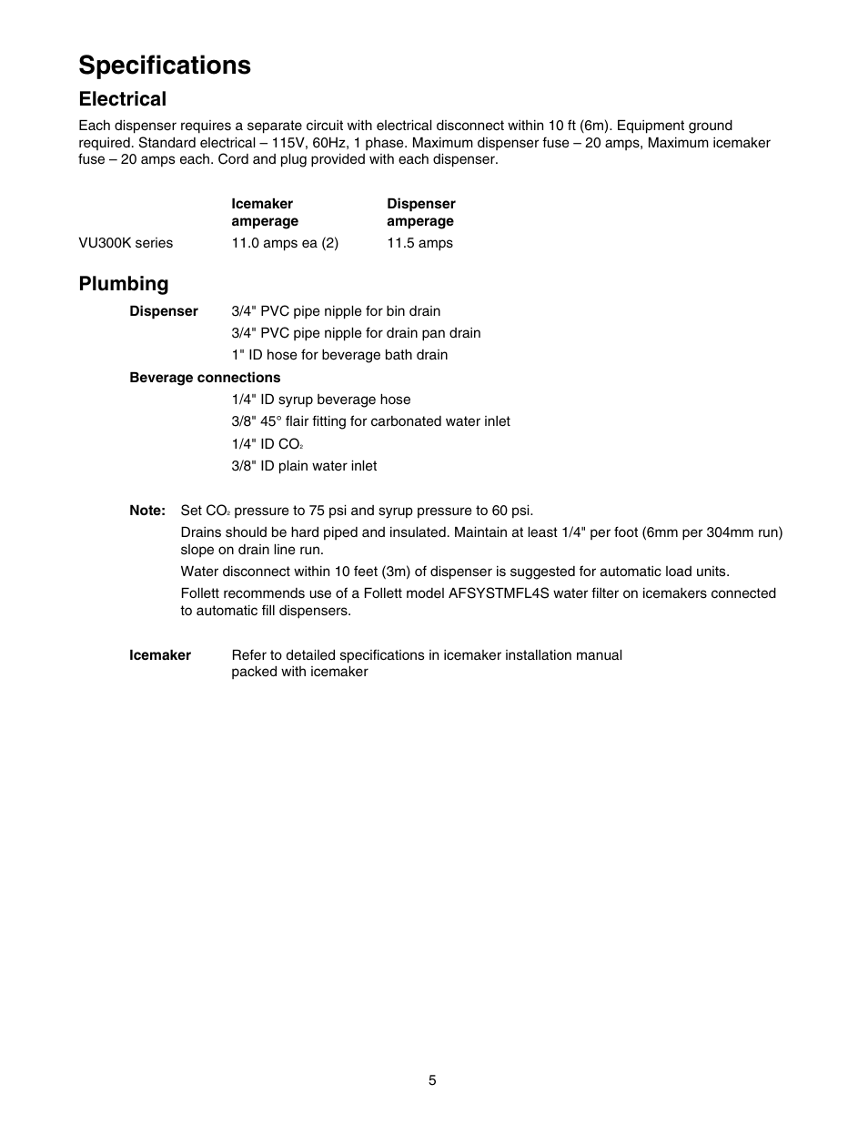 Specifications, Electrical, Plumbing | Follett 00119628R01 User Manual | Page 5 / 24