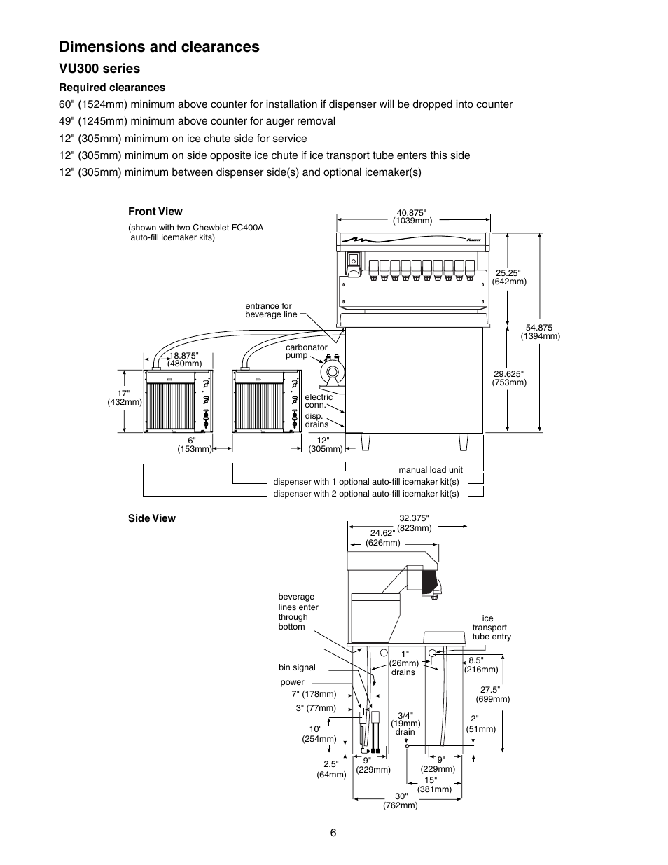 Dimensions and clearances, Vu300 series | Follett 00119628R01 User Manual | Page 6 / 24