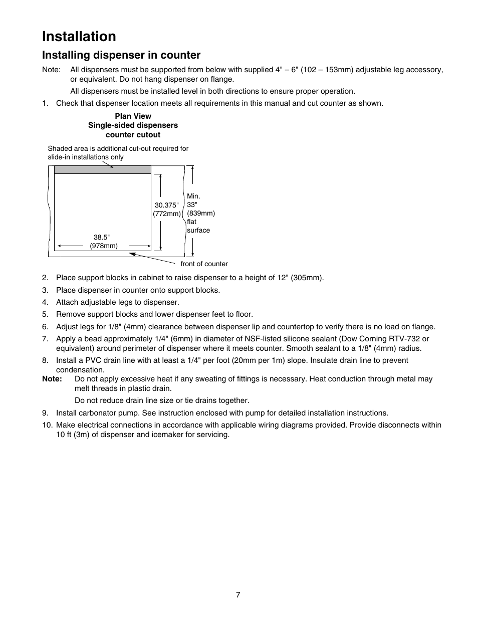 Installation, Installing dispenser in counter | Follett 00119628R01 User Manual | Page 7 / 24